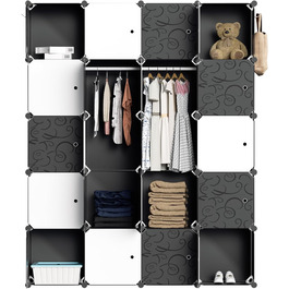 Wardrobe, Portable Shelf System, 20 Cube DIY Shelf System Wardrobe Open Plastic Closet with Doors Wardrobe Closet White 180 x 142 x 37CM (20 Cubes - Black and White with 2 Clothes Hooks)