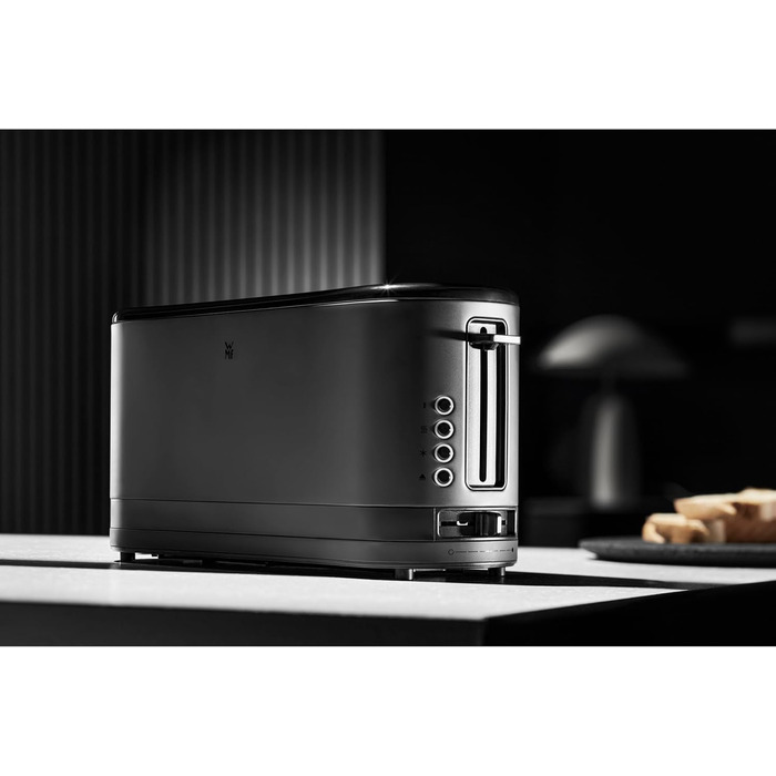 WMF Kitchen Mini Long Slot Toaster, 2 Slices with Roll Attachment, Slim Toaster, XXL, Bagel Function, 7 Browning Levels, 900W, Stainless Steel Matte, Black