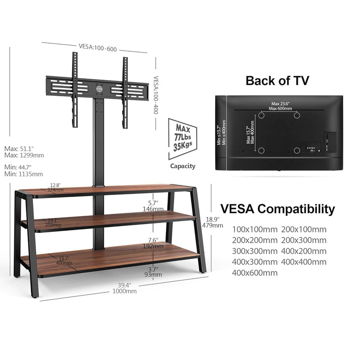 FITUEYES TV Stand with Mount - Adjustable Height TV Console for 37-70 inch TVs (up to 35kg) - Brown Wood