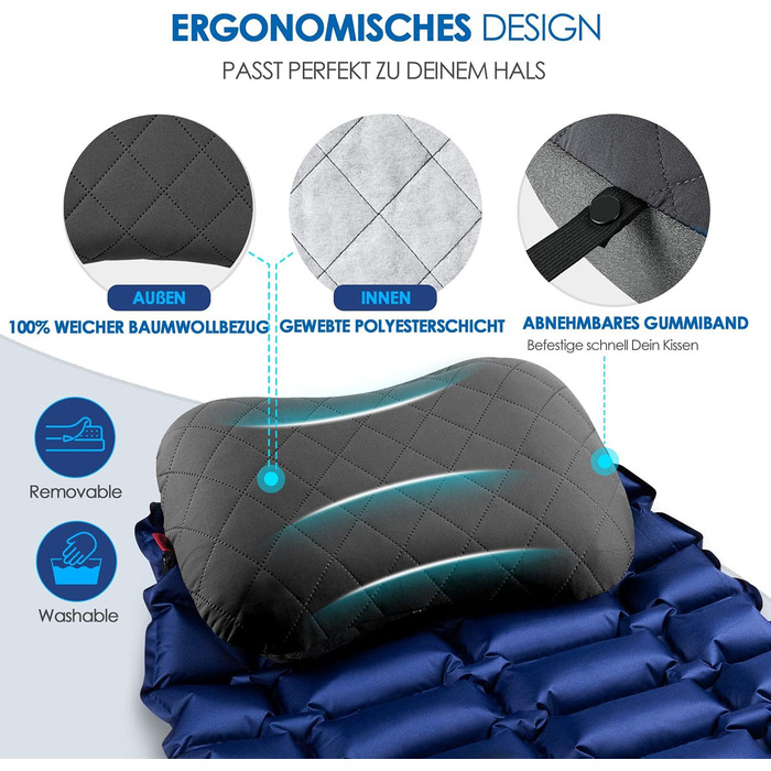 Надувна подушка для кемпінгу та подорожей HIKENTURE з знімним чохлом, ергономічна подушка для голови, комфортна подушка для шиї для подорожей/відпочинку на природі (Сірий)