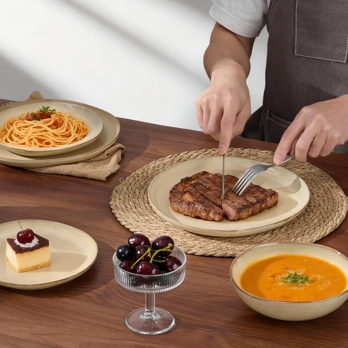 Набір посуду Joyfair на 6 осіб, 18 предметів, з каменю, тарілки, миски, для мікрохвильовки та посудомийної машини, реактивний пісковий хакі