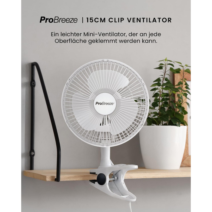 Mini вентилятор Pro Breeze з кліпсою, 20 см, 2 швидкості, тихий, для столу, офісу, кімнати, росту рослин, білий
