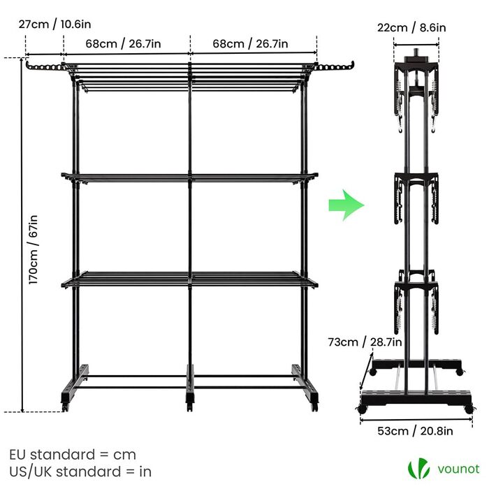 VOUNOT® Сушарка для білизни Турм Розкладна, для дому та вулиці, з розкладними крилами, телескопічною штангою, 6 колесами, 40м довжини сушіння, 3 яруси, білий (чорний) колір
