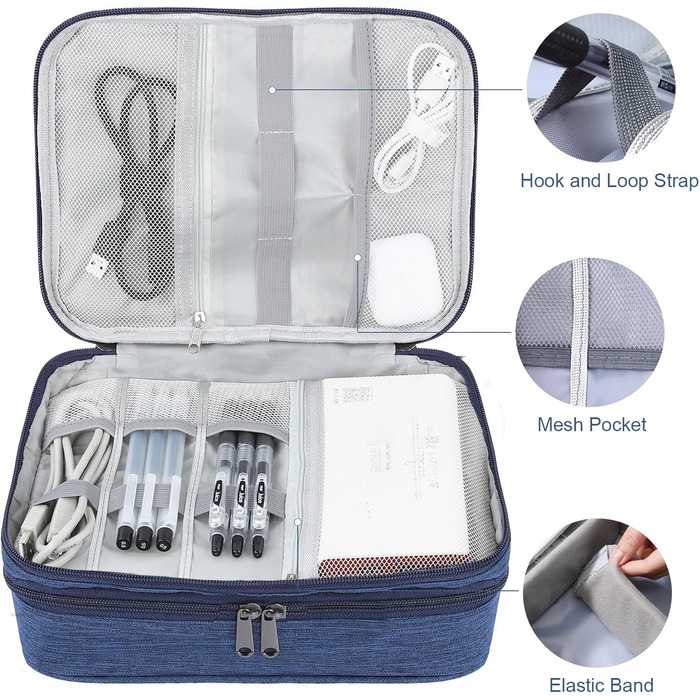 Органайзер для кабелів AiQInu: універсальна дорожня сумка-кубик, 3 шари, водонепроникний, для кабелів, powerbank, USB, SD карт (темно-синій)