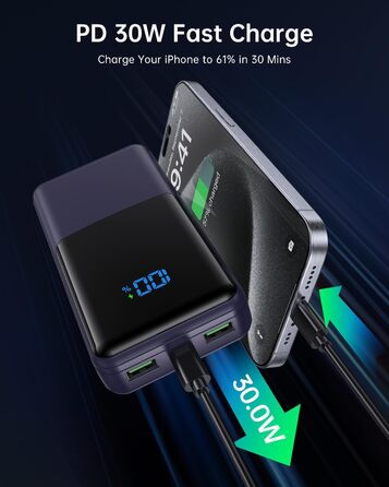 Power Bank Coblob 27000mAh з LED дисплеєм: швидка зарядка USB-C 30W, 3 виходи, 2 входи, для смартфонів, планшетів, AirPods та іншого (Темно-синій)