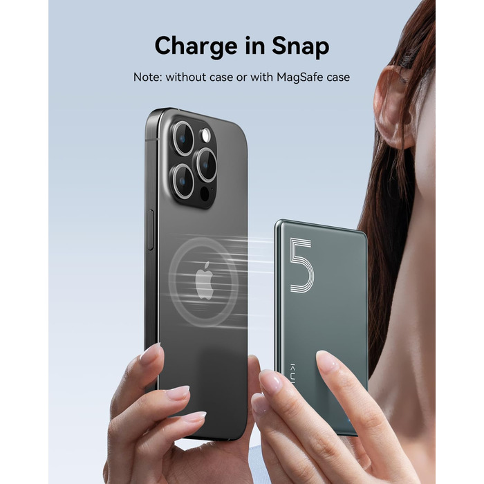 Power Bank Kuulaa Ultra Slim Magsafe, 5000mAh, Бездротова зарядка, Type-C, 20W, для iPhone 15/14/13/12, Space Gray