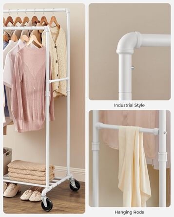 SONGMICS Clothes Rack, Clothes Rod, Coat Rack with 2 Clothes Rods and Shelf, Wheels, Load Capacity up to 110 kg, Industrial Design, for Bedroom, Dressing Room, White HSR060W01