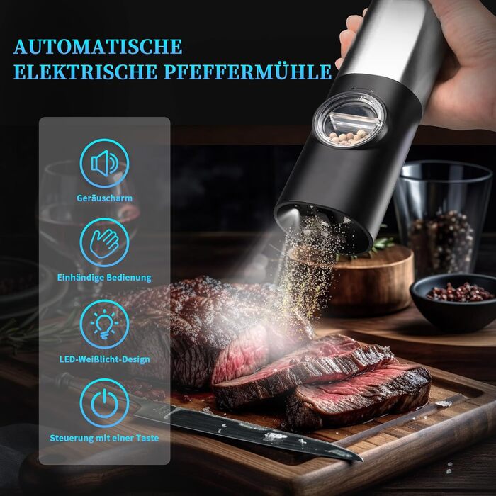 Electric Salt and Pepper Grinder Set, Rechargeable, USB Charging Station, Automatic Pepper and Salt Grinder Spice Grinder Refillable, One-Hand Operation, Adjustable Coarseness, LED Light
