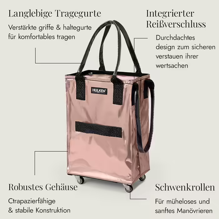 HULKEN - (Small, Rose Gold) Reusable shopping bag on wheels. The shopping cart can carry up to 30 kg, has sturdy handles, a zipper, and is flat, lightweight, and foldable.