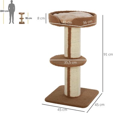 PawHut Cat Tree Small 91 cm Cat Tree with Cat Bed, Scratching Post Play Tree Scratching Post with Platform for Cats up to 5 kg Sisal Lambswool (Light Brown)