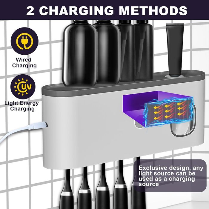 Електричний тримач зубних щіток з дозатором пасти, UV-дезінфекція, настінний монтаж, 2 способи зарядки (золотий/чорний)
