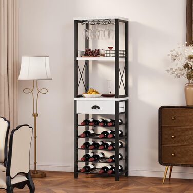 Homeiju Wine Rack, Freestanding Floor, Bar Cabinets for Liqueurs and Glasses, 4-Tier Bar Cabinet with Tabletop, Glass Holders, Storage Drawer, and Wine Storage for Living Room, Kitchen, (Vintage)