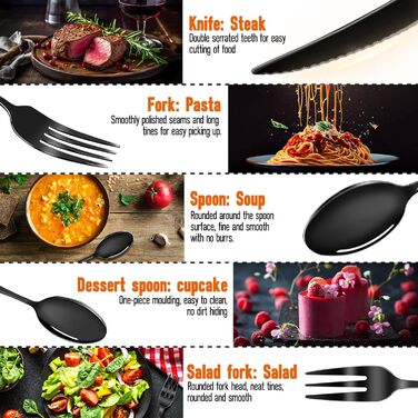 Набір столових приборів FANTICDE на 4 особи, 20 предметів, нержавіюча сталь, чорний матовий, з ножем, виделкою, ложкою, преміум-якість, для посудомийної машини