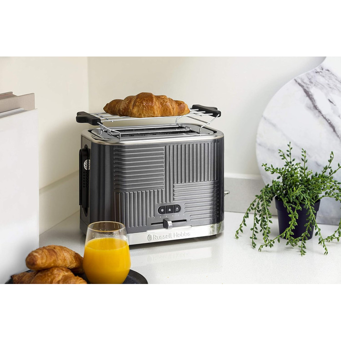 Russell Hobbs Toaster [for 2 slices] Geo Stainless Steel Grey (extra wide toast slots, including bun warmer, 6 browning levels + defrost & reheat function, Quick Toast Technology, 1640W) 25250-56