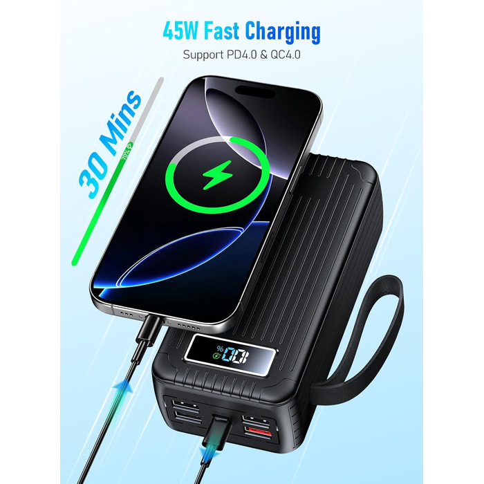 Power Bank 60000 mAh з PD 45W, 6 портів (4 USB-A, 2 Type-C), LED дисплей, вбудовані кабелі, чорний