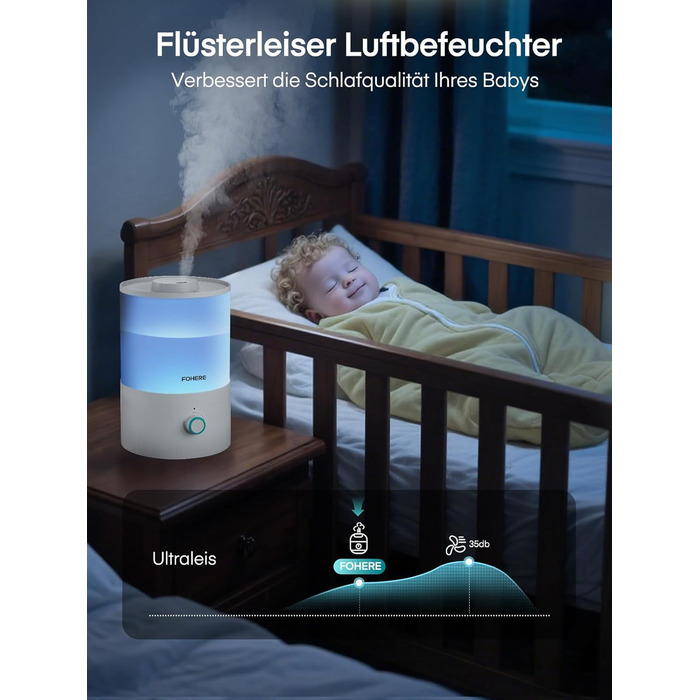 Зволожувач повітря FOHERE для спальні, 3.2л, тихий, для дітей, з верхнім заповненням, 28 годин роботи, 360° охолоджуючий туман, BPA-free, аромадифузор, нічне світло 7 кольорів для рослин, дому, офісу