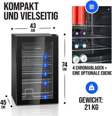 Холодильник для напоїв Bomann® KSG 7287, 63 літри, регулювання температури +3–10°C, з дверцятами зі скла, 4 полиці та LED-підсвічуванням, тихий, енергоефективний, компактний, для пляшок та банок, модель 2024