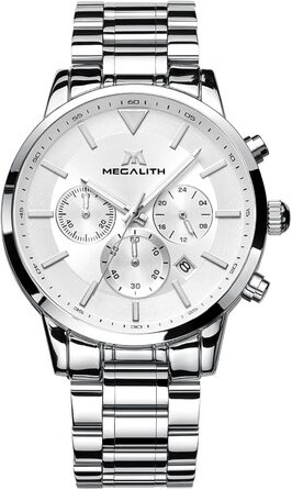 Чоловічий годинник MEGALITH з нержавіючої сталі, хронограф, водонепроникний: велике циферблат, дата, стильний подарунок для чоловіків (8345 Silver)