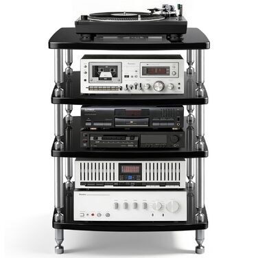 HiFi тумба з колесами для програвача, аудіосистеми та TV 60x52x78 см (алюмінієвий сплав, 4 полиці, LED-підсвітка, розетки)