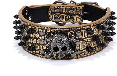 Нашийник для собак ETOPARS з черепом та шипами, з регулюванням, з крокодилової шкіри, золотий (M)