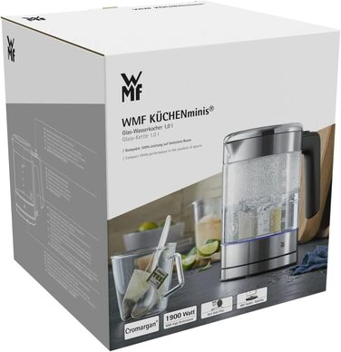 WMF Kitchenminis Kettle Glass 1 Liter, Cordless Small Kettle, Water Level Indicator, Scale Filter, Automatic Shut-Off, 1900 Watts, Cromargan Matt Single