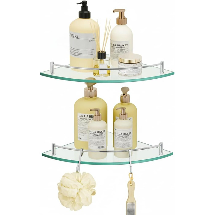 Скляна поличка для душу/ванної кімнати KES, скляна поличка для душу, поличка для ванної кімнати, нержавіюча сталь SUS304, BGS101A--P, щітка, 2 шт.