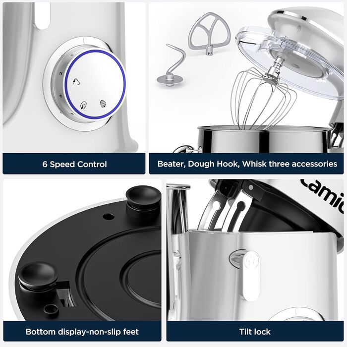 Stand Mixer Dough Mixer Camic 1500W 8L Stand Mixer Whisking Device Multifunction Mixer Quiet, Powerful, and Professional, 6 Speeds with Pulse, Stainless Steel Bowl (White)
