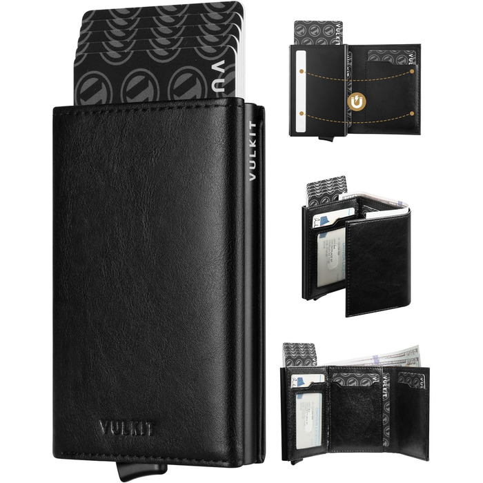 Чоловіче шкіряне картхолдер VULKIT з RFID-захистом, поп-ап, з відділом для грошей та віконцем для ID, чорний