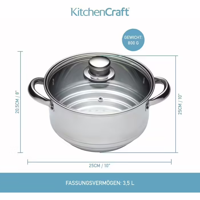Пароварка KitchenCraft з 3 рівнями, універсальна вставка з нержавіючої сталі для каструль 16/18/20 см, срібляста