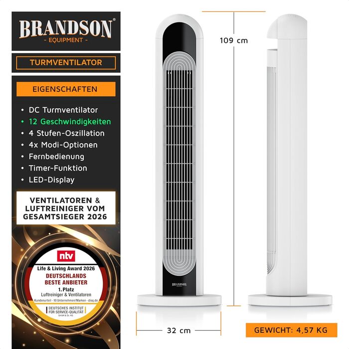 Вентилятор tower Brandson DC – тихий, 12 швидкостей, 4 режими (нормальний, природа, сон, авто), з функцією осциляції. Еко-дизайн.