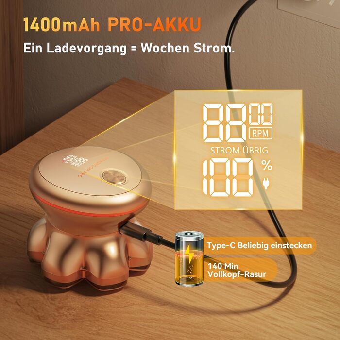 Машинка для гоління голови 7D PRO Glatzen для чоловіків, водонепроникна IPX6, з акумулятором 1400mAh, Type-C, 8800 об/хв, золотий колір
