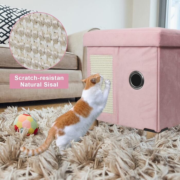 BRIAN & DANY Foldable Cat Cave Large Cat, Cat House Cave for Cats with Scratch Board and Play Ball, Storage Ottoman Seat Stool Footstool with Wooden Feet 37.5 x 32.5 x 36 cm, (Pink)