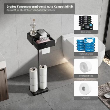 Тримач для туалетного паперу VOLDRA з боксом для вологих серветок та полицею-шухлядою, настінний без свердління, чорний матовий