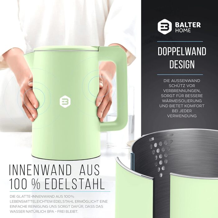 Balter Stainless Steel Kettle WK-4, 1.7 Liter, Electric Kettle, Double-Walled Design, BPA Free, LED, Compact Tea Kettle, Quiet (Black) (Mint)