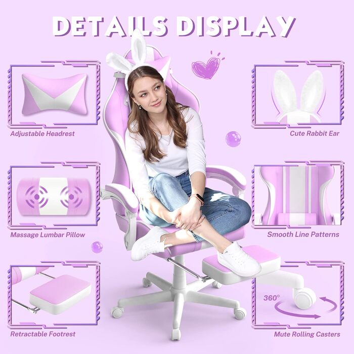 Ergonomic Gaming Chair with Footrest - Racing Style PC Gaming Chair with Headrest, Lumbar Support & Bunny Ears (Violet)