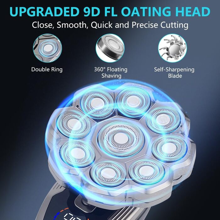 Електричний чоловічий голкострум OFFCUP Glatzen з 9D головками, водонепроникний (IPX6), з тримером для носа, LED дисплеєм, бездротовий