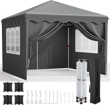 3x3 Gazebo, Waterproof Folding Gazebo Stable and Winter-Resistant, UV Protection 50+, 3x3 Folding Gazebo with 4 Side Walls, Height-Adjustable Garden Gazebo, Foldable Gazebo Tent for Camping, Parties (Gray)