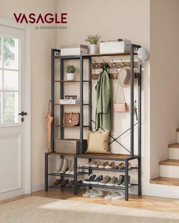 VASAGLE Coat Rack with Shoe Bench, Coat Rack, 5 Shelf Levels made of Particleboard, 9 Triple Hooks, 6 Side Hooks, 40 x 120 x 190 cm, Stone Gray-Ink Black HSR426B04 (Vintage Brown + Ink Black)