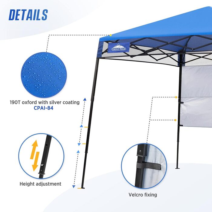 Folding Canopy with Slanted Legs 2.4x2.4m Waterproof Pop-up Pavilion with Side Walls, including Backpack, Blue
