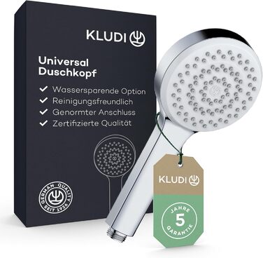 KLUDI-X1 Universal Shower Head with Hose, optional shower spray, water-saving with 3 spray patterns (Body, Hair, Skin), easy-to-clean shower head Ø 10.7 cm, shower hose 1.60 m (Chrome, 1 spray pattern)