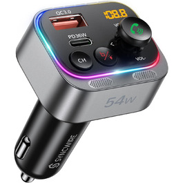 FM-трансмітер Syncwire 5.4 Bluetooth, автомобільний адаптер 54Вт PD & QC 3.0, USB-C зарядний пристрій, подвійний мікрофон, HiFi бас, швидка зарядка, підсвітка, бездротовий радіоприймач, сріблястий