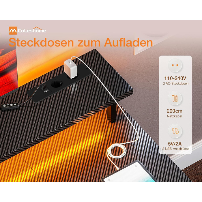 Ігровий стіл Coleshome з LED-підсвічуванням 120x50 см, з 2 розетками та 2 USB-портами, стіл для комп'ютера з підставкою для монітора та місцем для зберігання, для дому та офісу, чорний