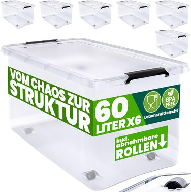Deuba® Storage Boxes 6 x 60L with Lid and Wheels, Stackable, Transparent BPA-Free Plastic, Click Closure, RB60 for Office, Garage, Laundry Room