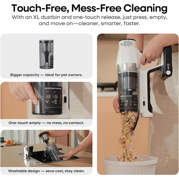 Акумуляторний пилосос ElecKeys 48000Pa/580W з LED дисплеєм, білий. Підходить для твердих поверхонь, килимів та видалення шерсті тварин. 7-шарова фільтрація, антизаплутана щітка, 65 хвилин роботи.