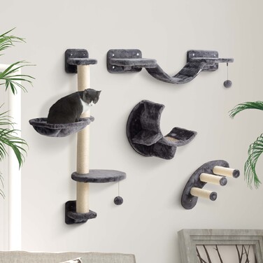 PawHut 4-Piece Cat Climbing Wall - Cat Climbing Wall Set with Hammock and Bridge, Supports up to 5 kg, Dark Grey