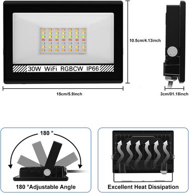 LED Floodlights Outdoor, 100W Smart RGB Floodlights with Remote Control and Bluetooth App, LED Floodlight Spotlights Color Changing Floodlights, IP66 Waterproof Floodlights for Gardens, Courtyards (2 Pack) (30w-rgb-app-4p)