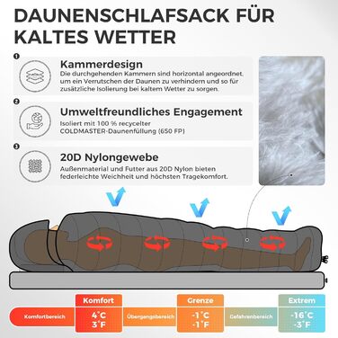 Спальний мішок ATEPA Elements Daunen 0°C, 3-в-1, ультралегкий, прямокутний, комфорт 4°C / ліміт -1°C, з компресійним мішком для подорожей, походів та кемпінгу (ThermaExtreme Max)