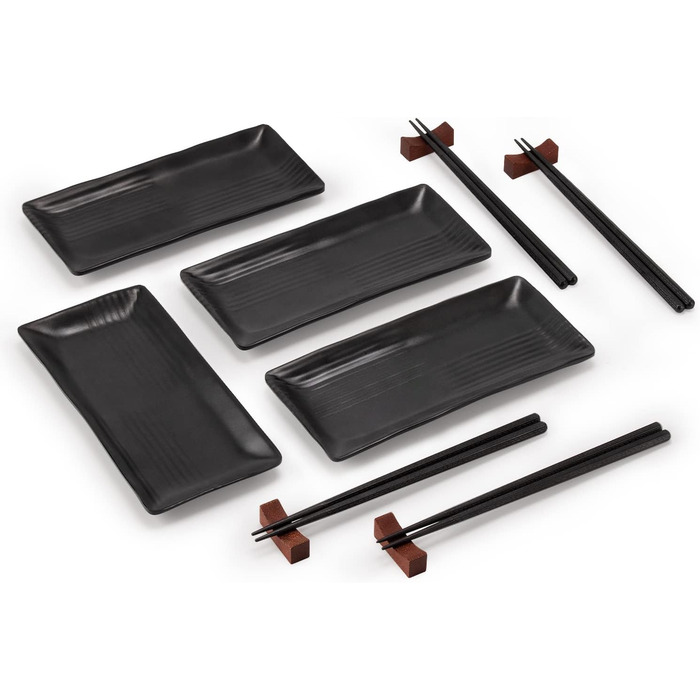 Набір посуду для суші 12 шт. Чорний набір суші з 4 тарілками, 4 парами паличок та 4 підставками для паличок. Підходить для ресторанів, сімей та готелів