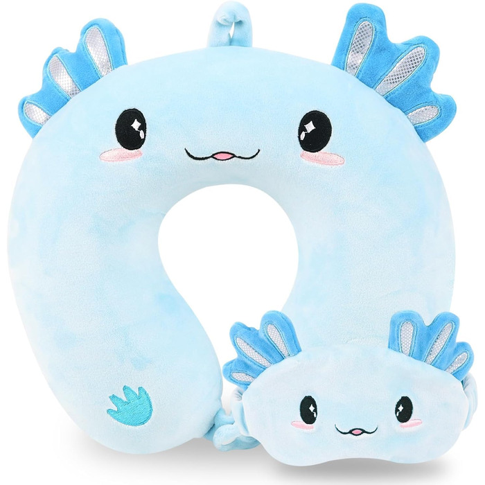 Дитяча подушка для подорожей з маскою для сну, м'яка подушка для шиї з Memory Foam, для дітей, хлопчиків та дівчаток, підлітків, аксесуари для подорожей (Блакитний Аксолотл)