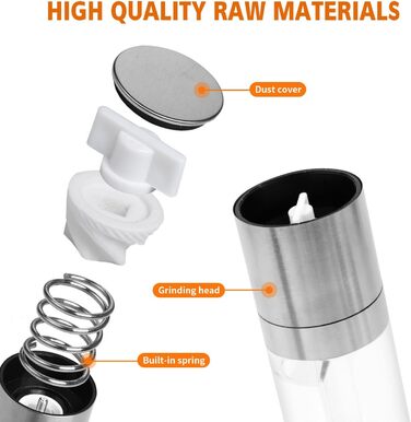 Мельниця для солі та перцю з керамічним жорном, сталеве маточне колесо, регулювання помелу, скло та нержавіюча сталь